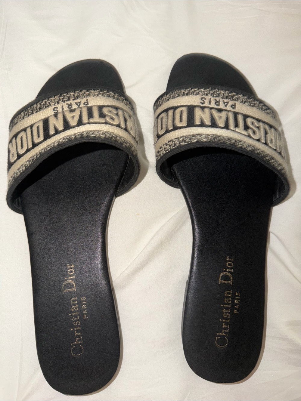 Dior Black & Beige Embroidered Logo Slide Sandals